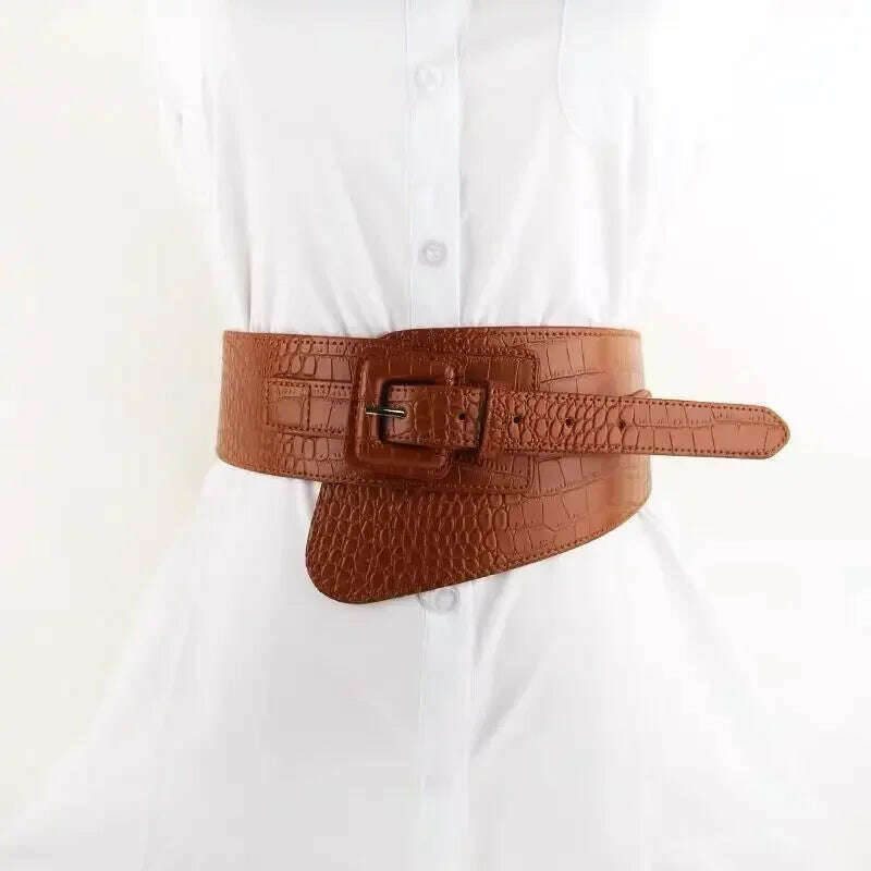 KIMLUD, Crocodile Pattern PU Leather Wide Belt Women Coat Dress Corset Accessories 2023 Fashion Luxury Designer Cummerbunds for Female, KIMLUD Womens Clothes