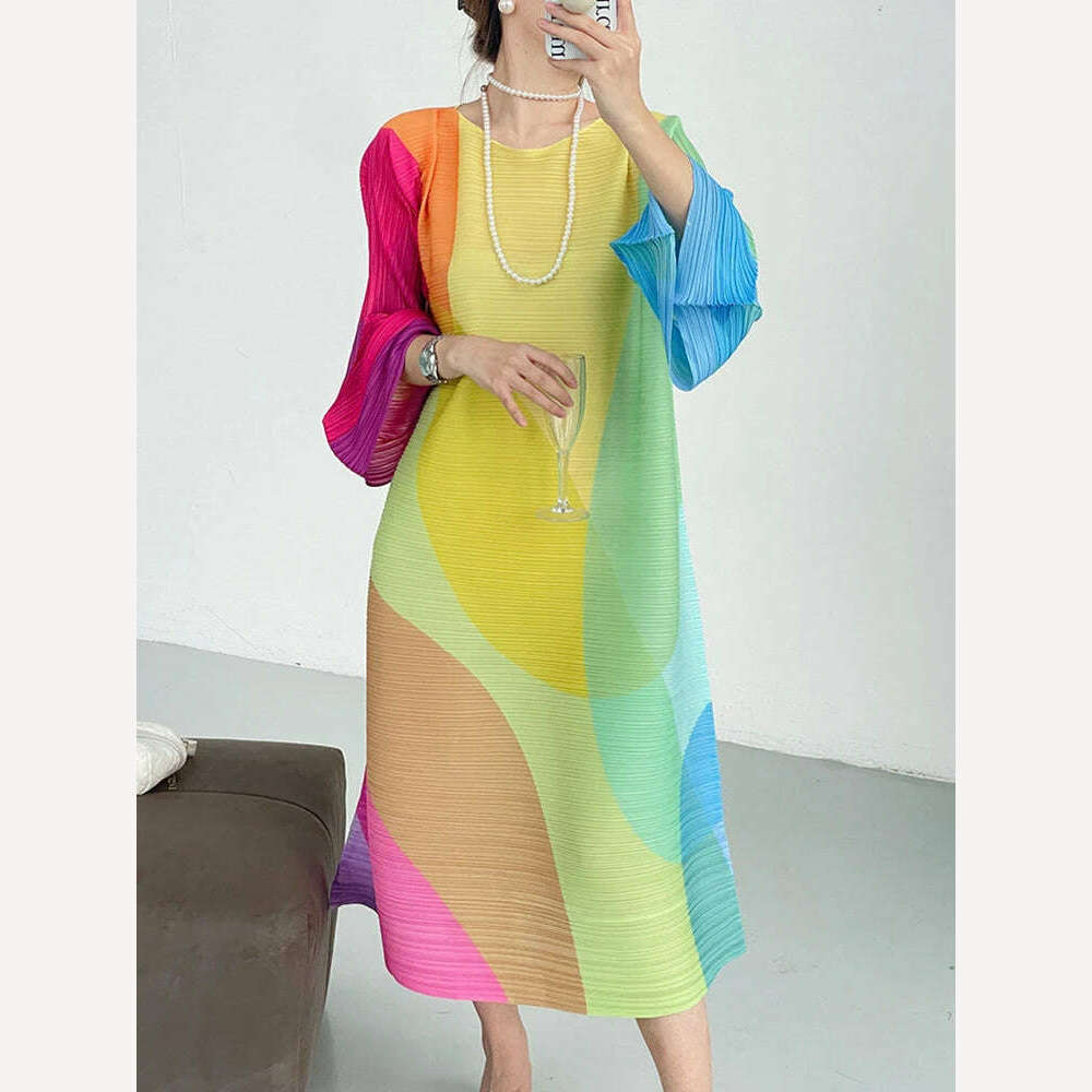 KIMLUD, DEAT Pleated Color Block Dress Full Lantern Sleeve Round Collar A Line Loose Evening Party Clothing Elegant New 2023 15KB4476, Colorful / One Size, KIMLUD Womens Clothes