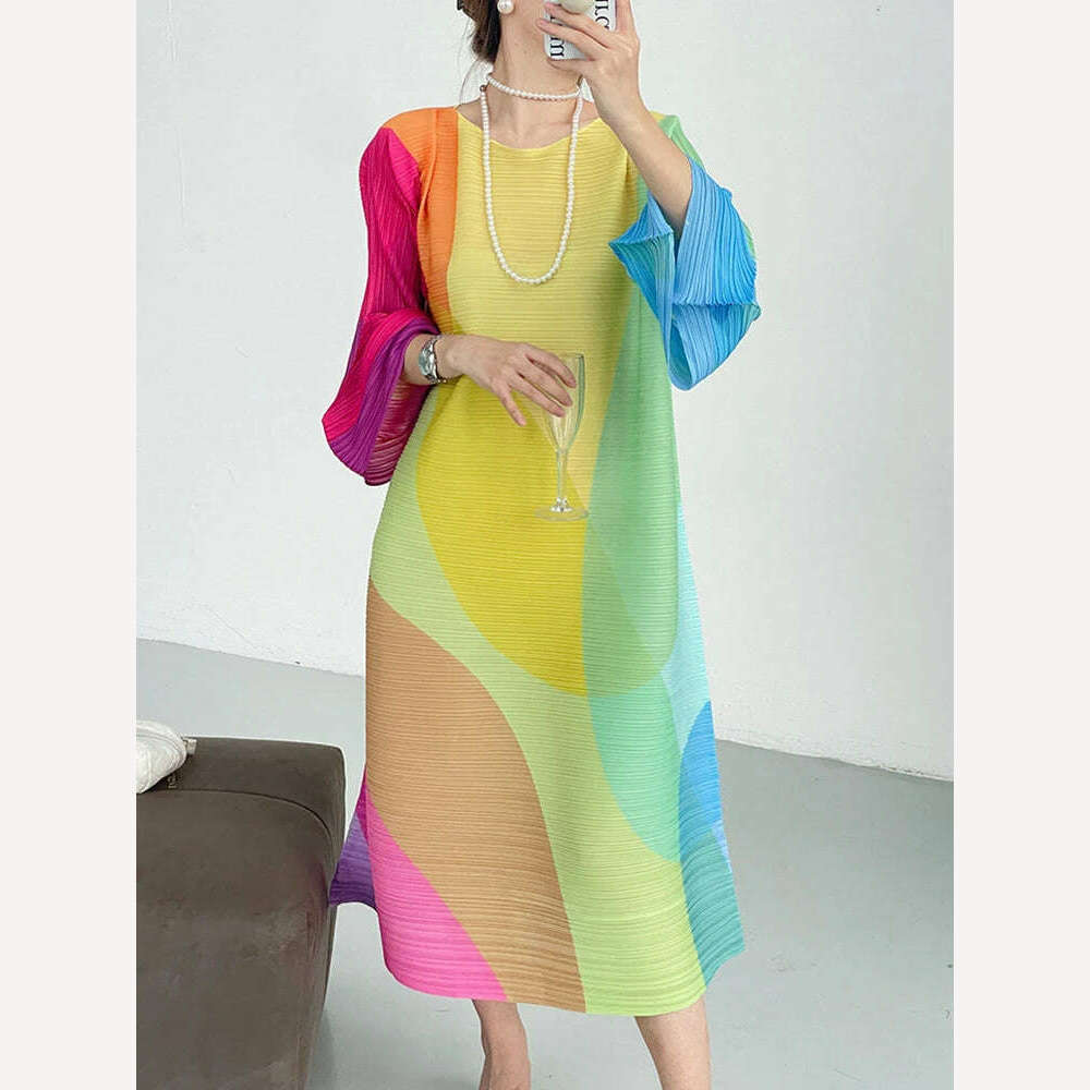 DEAT Pleated Color Block Dress Full Lantern Sleeve Round Collar A Line Loose Evening Party Clothing Elegant New 2023 15KB4476 - KIMLUD