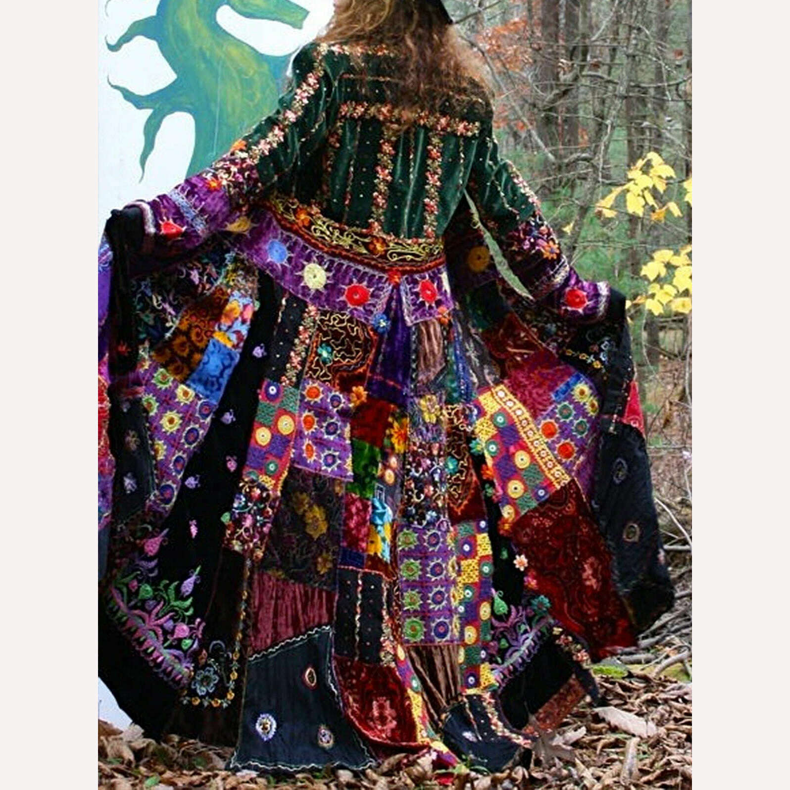 KIMLUD, Elegant Velvet Boho Lapel Color Block Coat Dress Casual Loose Patchwork Print Retro Robe Women's 2024 Summer New Clothing, Green / XXL / CHINA, KIMLUD Women's Clothes