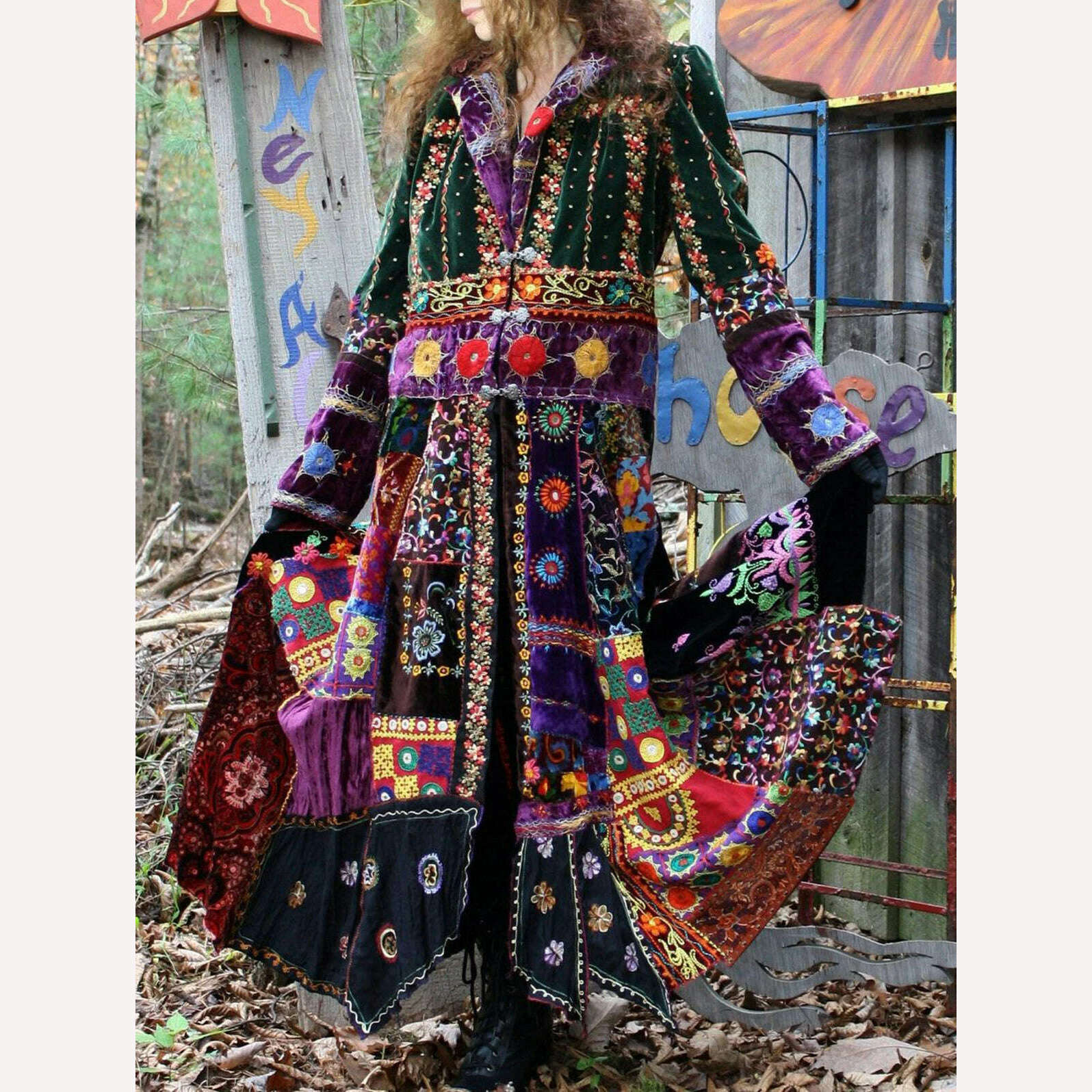 Elegant Velvet Boho Lapel Color Block Coat Dress Casual Loose Patchwork Print Retro Robe Women's 2024 Summer New Clothing - KIMLUD