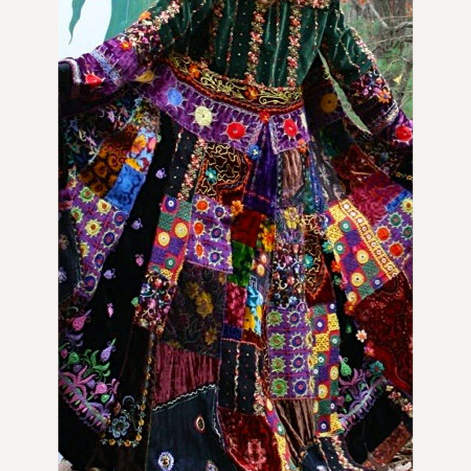 KIMLUD, Elegant Velvet Boho Lapel Color Block Coat Dress Casual Loose Patchwork Print Retro Robe Women's 2024 Summer New Clothing, KIMLUD Womens Clothes