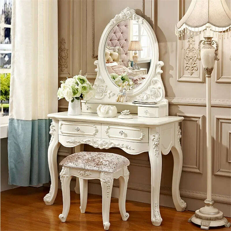 KIMLUD, European Dressers Vanity Table Set with Mirror White Makeup Desk with Drawers & Stool - Small Wood Dressing Table for Bedroom, KIMLUD Womens Clothes