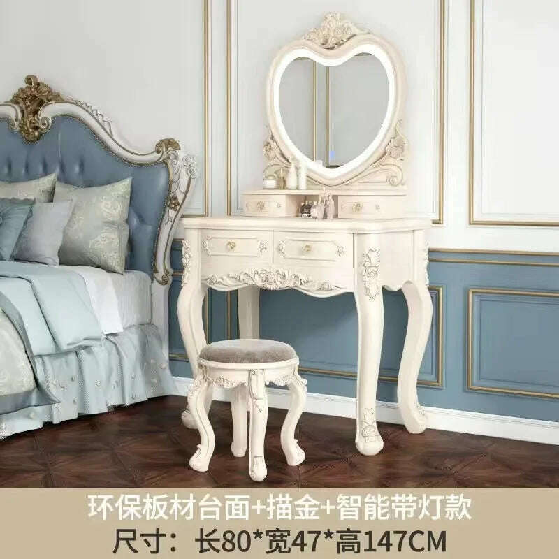 KIMLUD, European Dressers Vanity Table Set with Mirror White Makeup Desk with Drawers & Stool - Small Wood Dressing Table for Bedroom, Led b 80cm, KIMLUD APPAREL - Womens Clothes