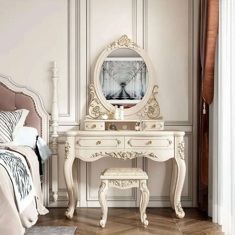 KIMLUD, European Dressers Vanity Table Set with Mirror White Makeup Desk with Drawers & Stool - Small Wood Dressing Table for Bedroom, a 100cm, KIMLUD APPAREL - Womens Clothes