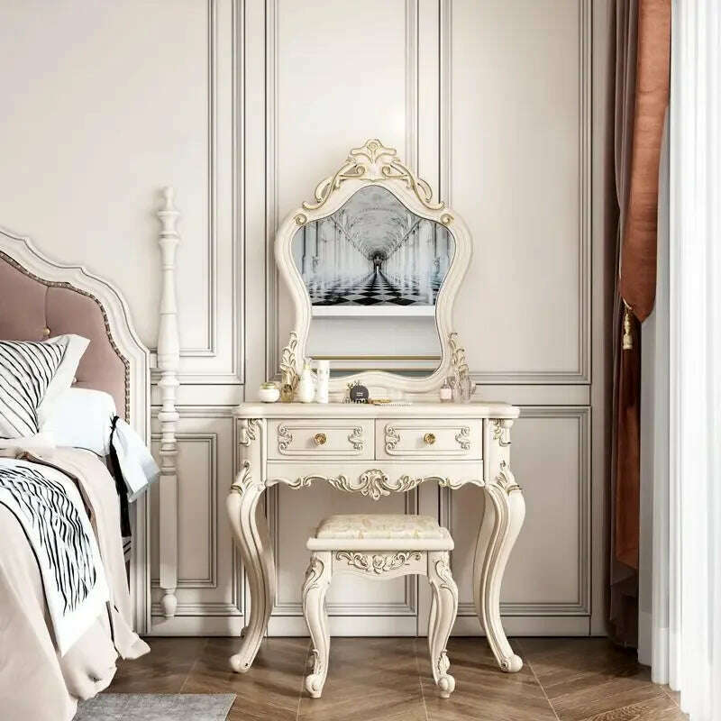 KIMLUD, European Dressers Vanity Table Set with Mirror White Makeup Desk with Drawers & Stool - Small Wood Dressing Table for Bedroom, c 80cm, KIMLUD APPAREL - Womens Clothes