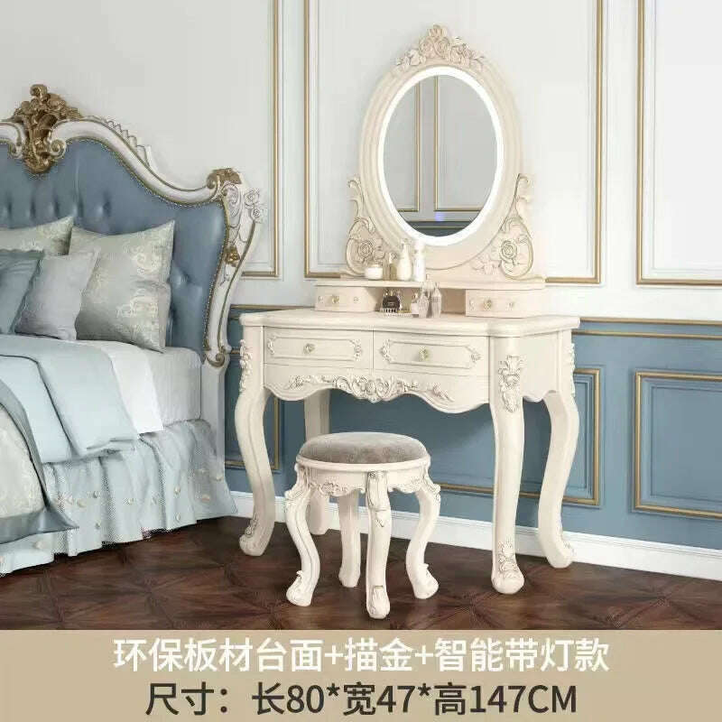 KIMLUD, European Dressers Vanity Table Set with Mirror White Makeup Desk with Drawers & Stool - Small Wood Dressing Table for Bedroom, Led a 80cm, KIMLUD APPAREL - Womens Clothes