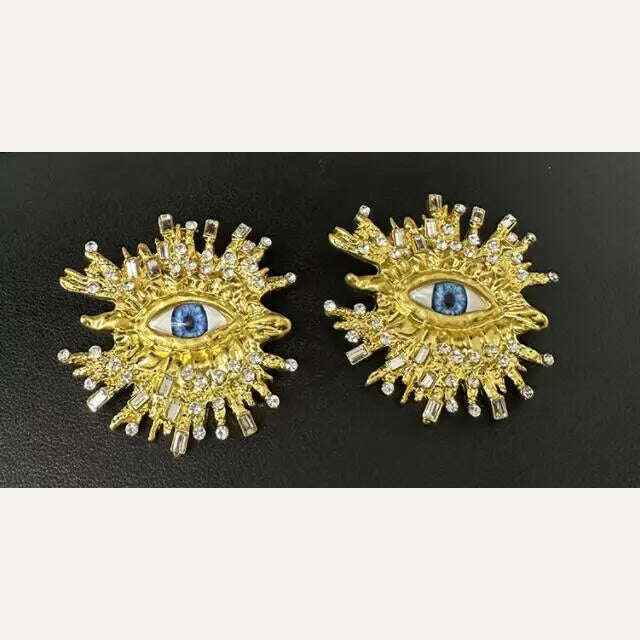 KIMLUD, Exaggerated Sparkling Crystal Eye Earrings Retro Luxury Open Ring Brooch Earring Set, earrings 1 pair, KIMLUD Women's Clothes