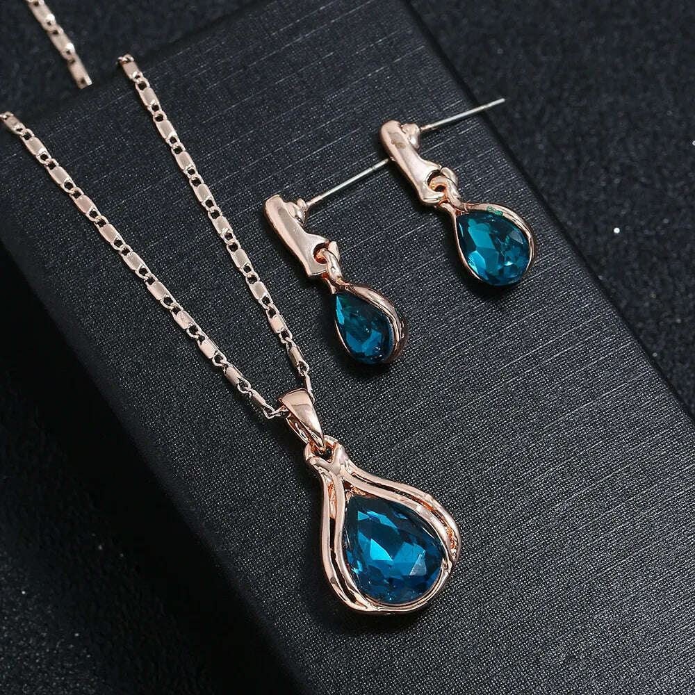 KIMLUD, Fashion European and American Blue Zhihai Creative Geometric Wedding Earrings Necklace Set Women's Blue Green Water Drop Set, KIMLUD Womens Clothes