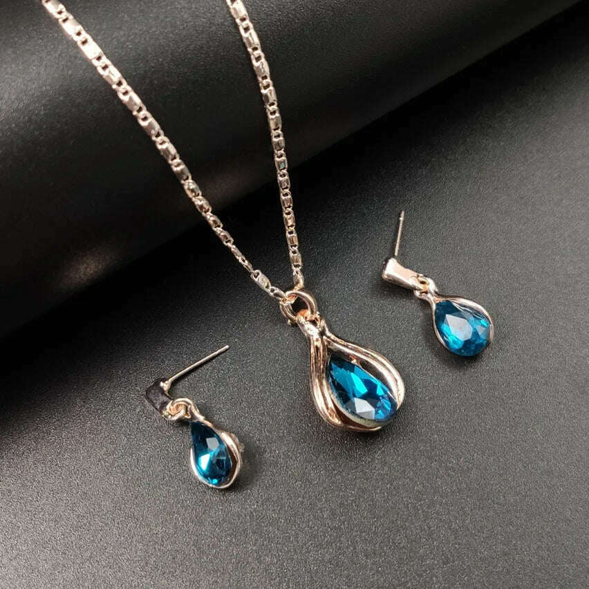 KIMLUD, Fashion European and American Blue Zhihai Creative Geometric Wedding Earrings Necklace Set Women's Blue Green Water Drop Set, KIMLUD Womens Clothes