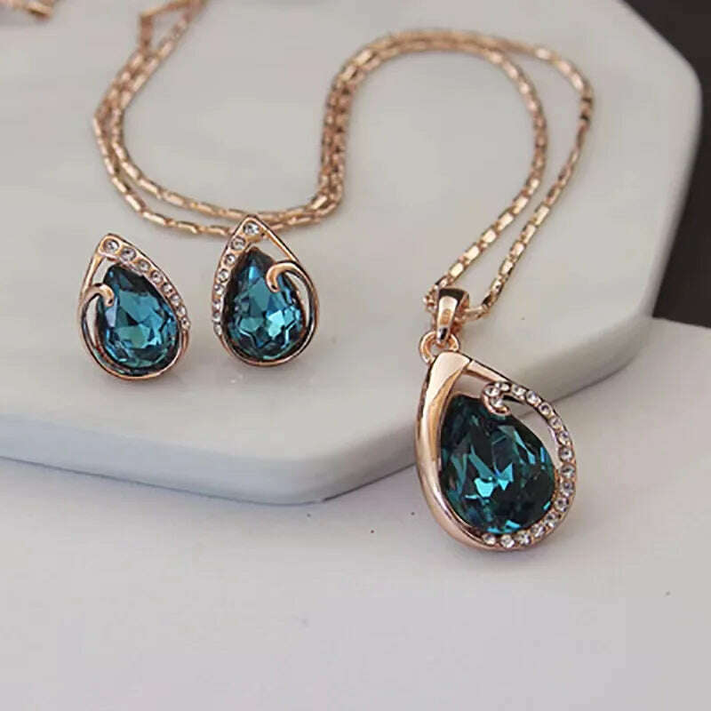 KIMLUD, Fashion European and American Blue Zhihai Creative Geometric Wedding Earrings Necklace Set Women's Blue Green Water Drop Set, X1247-gold / 45cm / CHINA, KIMLUD Womens Clothes