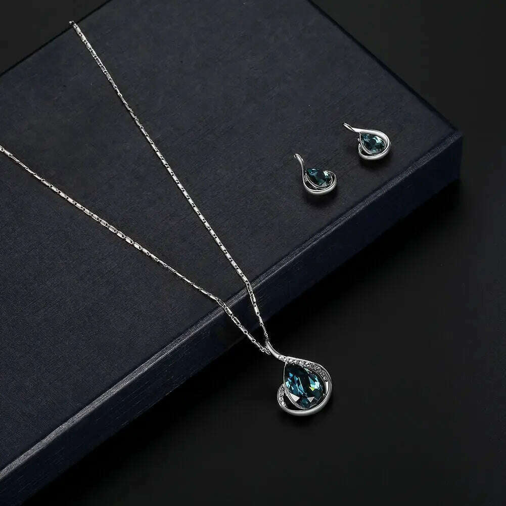 KIMLUD, Fashion European and American Blue Zhihai Creative Geometric Wedding Earrings Necklace Set Women's Blue Green Water Drop Set, X1247-silver / 45cm / CHINA, KIMLUD Women's Clothes