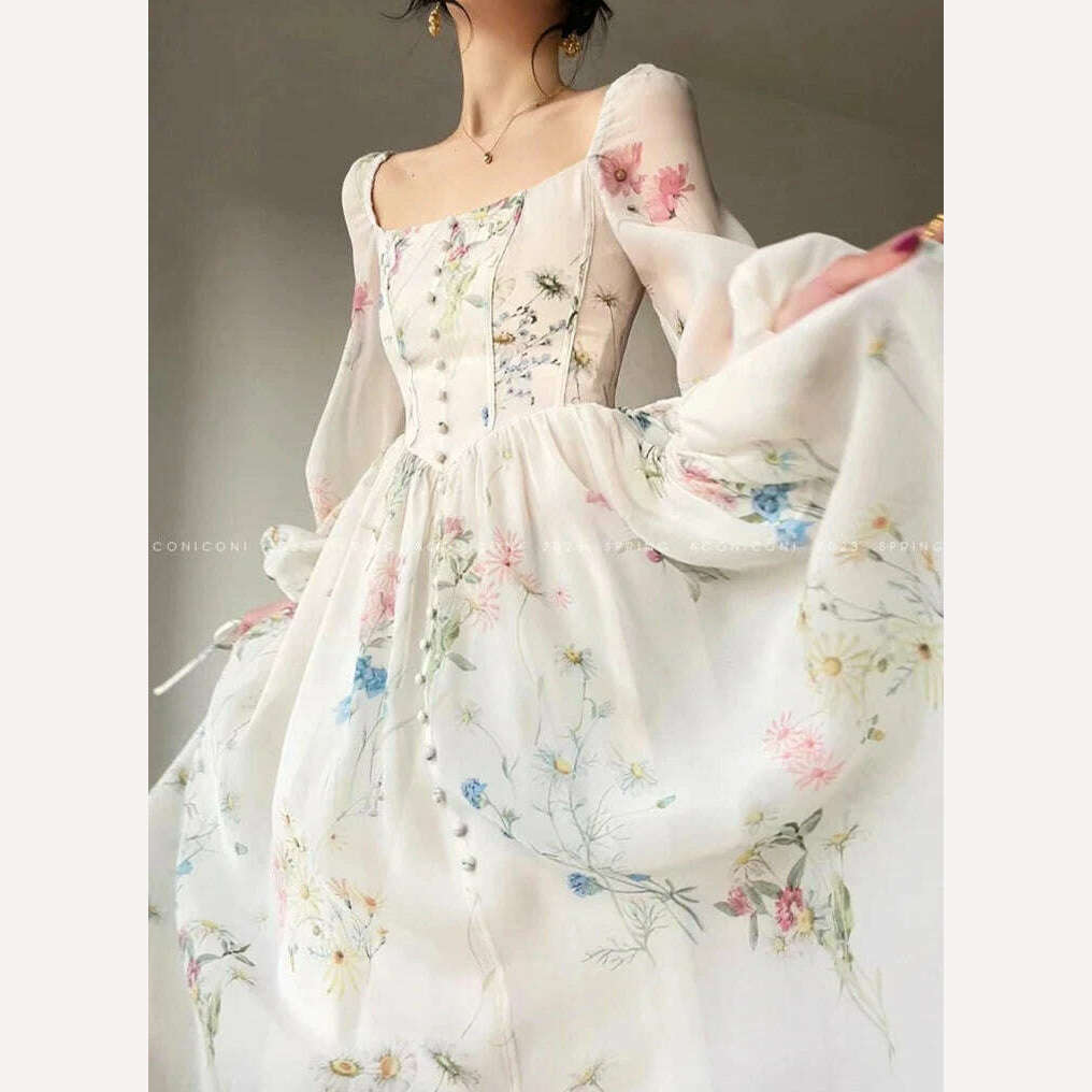 KIMLUD, French Vinatge Floral Long Dresses for Women Evening Party A-line Beach Dress Lantern Sleeve Spring Summer Prom Robe Vestidos, KIMLUD Women's Clothes