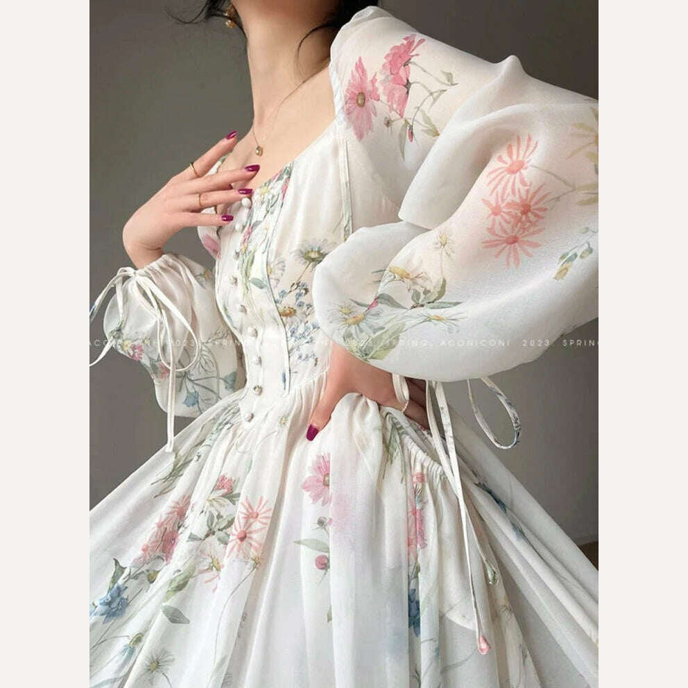 KIMLUD, French Vinatge Floral Long Dresses for Women Evening Party A-line Beach Dress Lantern Sleeve Spring Summer Prom Robe Vestidos, KIMLUD Womens Clothes