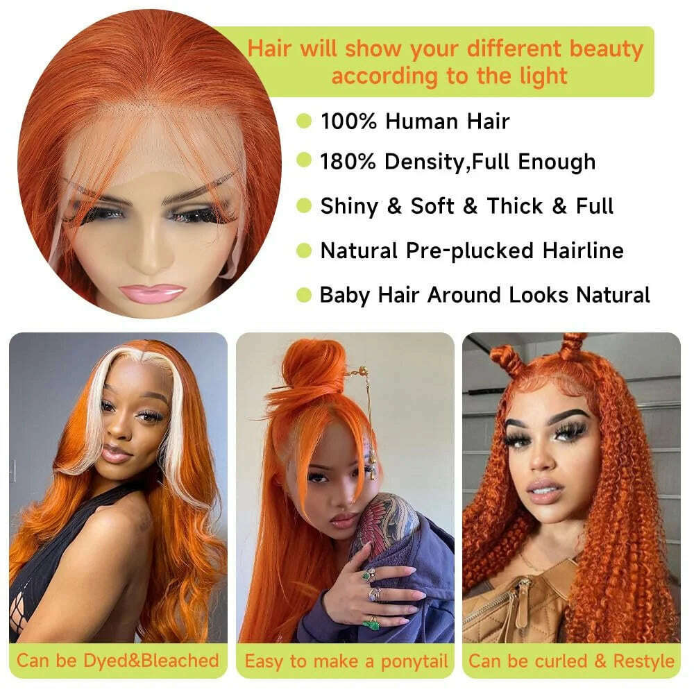 KIMLUD, Ginger Orange Lace Front Wigs Human Hair 13x4 HD Lace Frontal Wigs 180% Density Pre Plucked Straight Lace Frontal Wig For Women, KIMLUD Womens Clothes