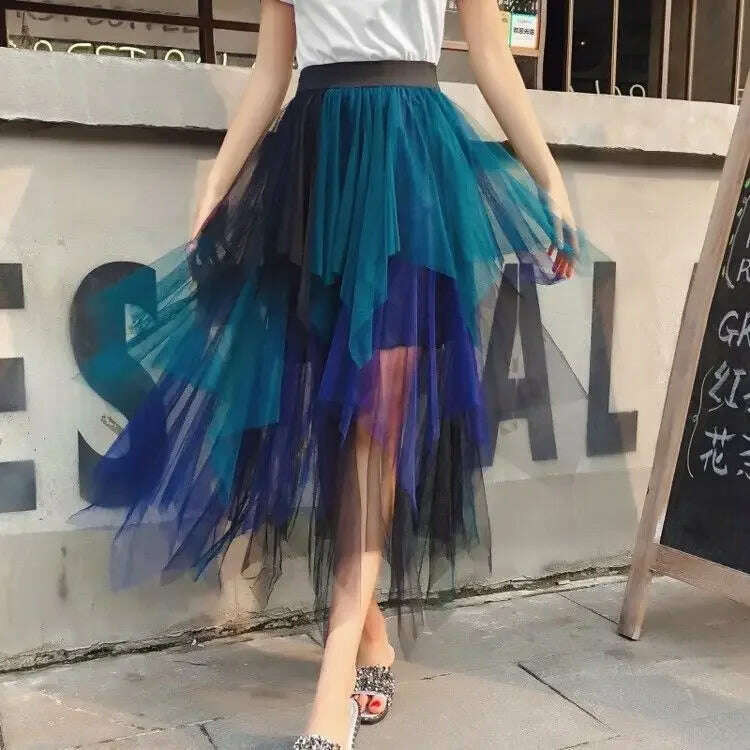Gradient Color Irregular Tulle Skirt Spring and Summer High Waist Bubble Skirt Long Woman Skirts Mujer Faldas Saias Mulher - KIMLUD