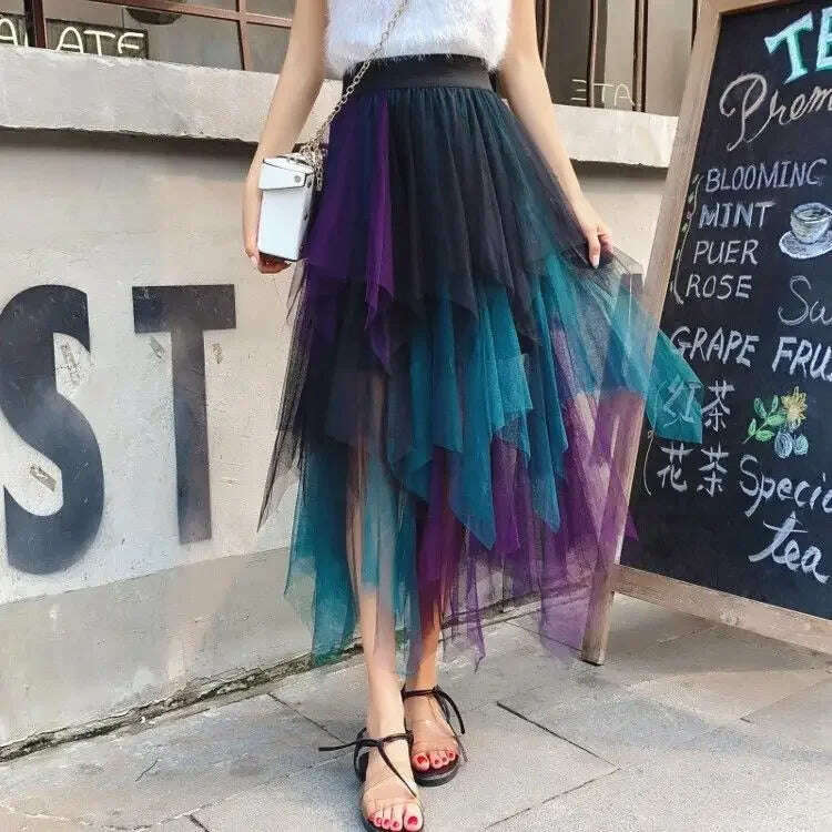 KIMLUD, Gradient Color Irregular Tulle Skirt Spring and Summer High Waist Bubble Skirt Long Woman Skirts Mujer Faldas Saias Mulher, As Picture / S, KIMLUD Women's Clothes