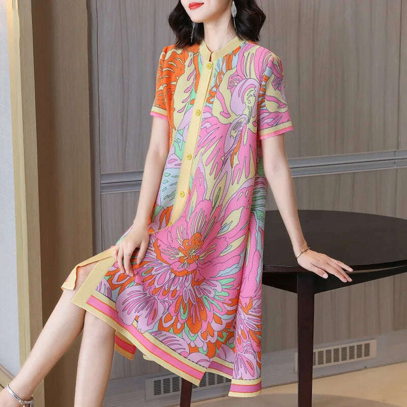 KIMLUD, High End Spring Fashion Printed Short Sleeved Dress 2024 New Foreign Style Loose Medium Blouse Dress, Mixed Color / One Size, KIMLUD Womens Clothes