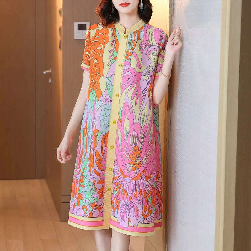 KIMLUD, High End Spring Fashion Printed Short Sleeved Dress 2024 New Foreign Style Loose Medium Blouse Dress, KIMLUD Women's Clothes