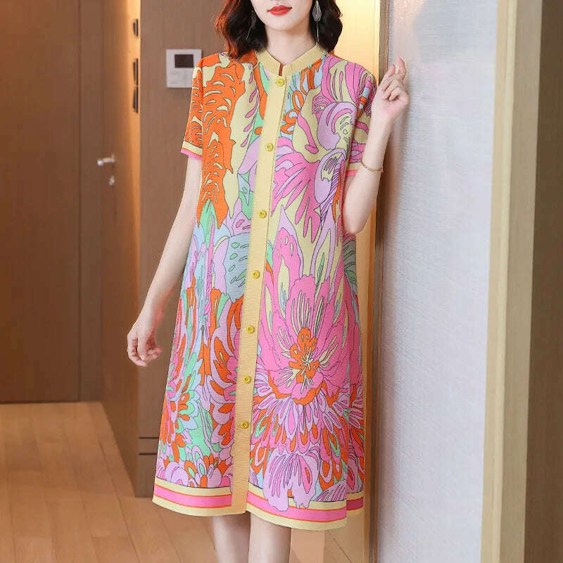 KIMLUD, High End Spring Fashion Printed Short Sleeved Dress 2024 New Foreign Style Loose Medium Blouse Dress, KIMLUD Womens Clothes