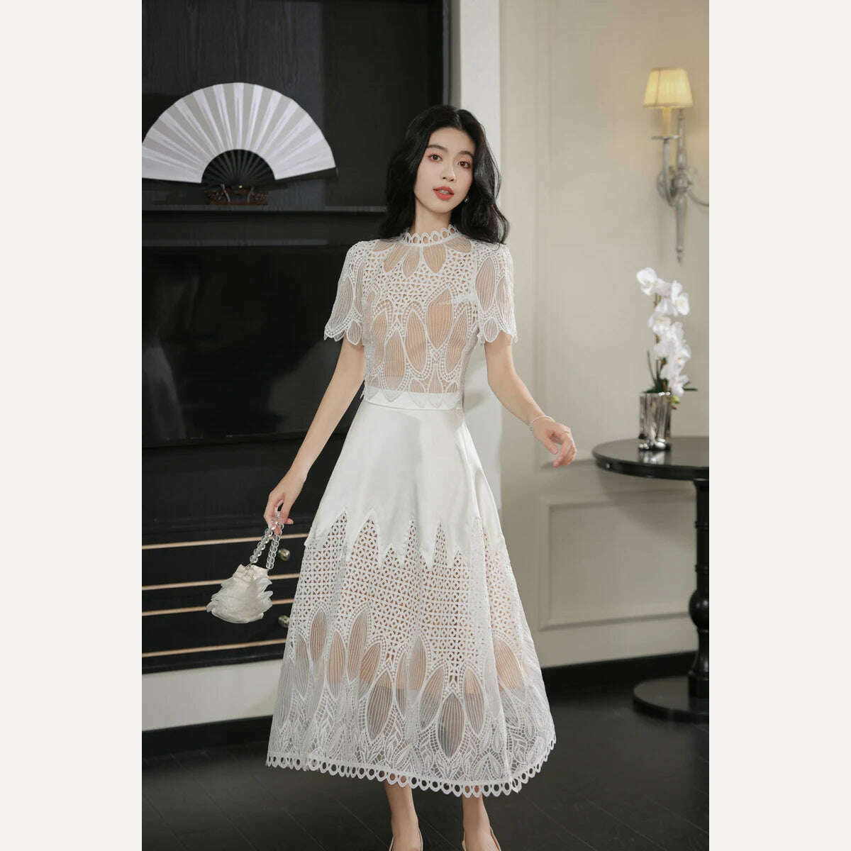 KIMLUD, High Quality Fashion Vintage Design Puff Sleeve Women Summer New Lace Embroidery Patchwork Vestido Midi Party Dress, KIMLUD Women's Clothes