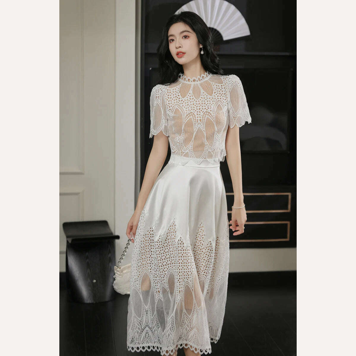 KIMLUD, High Quality Fashion Vintage Design Puff Sleeve Women Summer New Lace Embroidery Patchwork Vestido Midi Party Dress, KIMLUD Womens Clothes