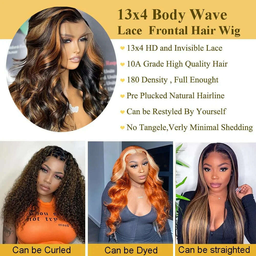 KIMLUD, Highlight Ombre Lace Front Wig Human Hair 13X4 HD Body Wave Lace Frontal Wig 1B/30 Pre Plucked 180% density Glueless Wig, KIMLUD Womens Clothes