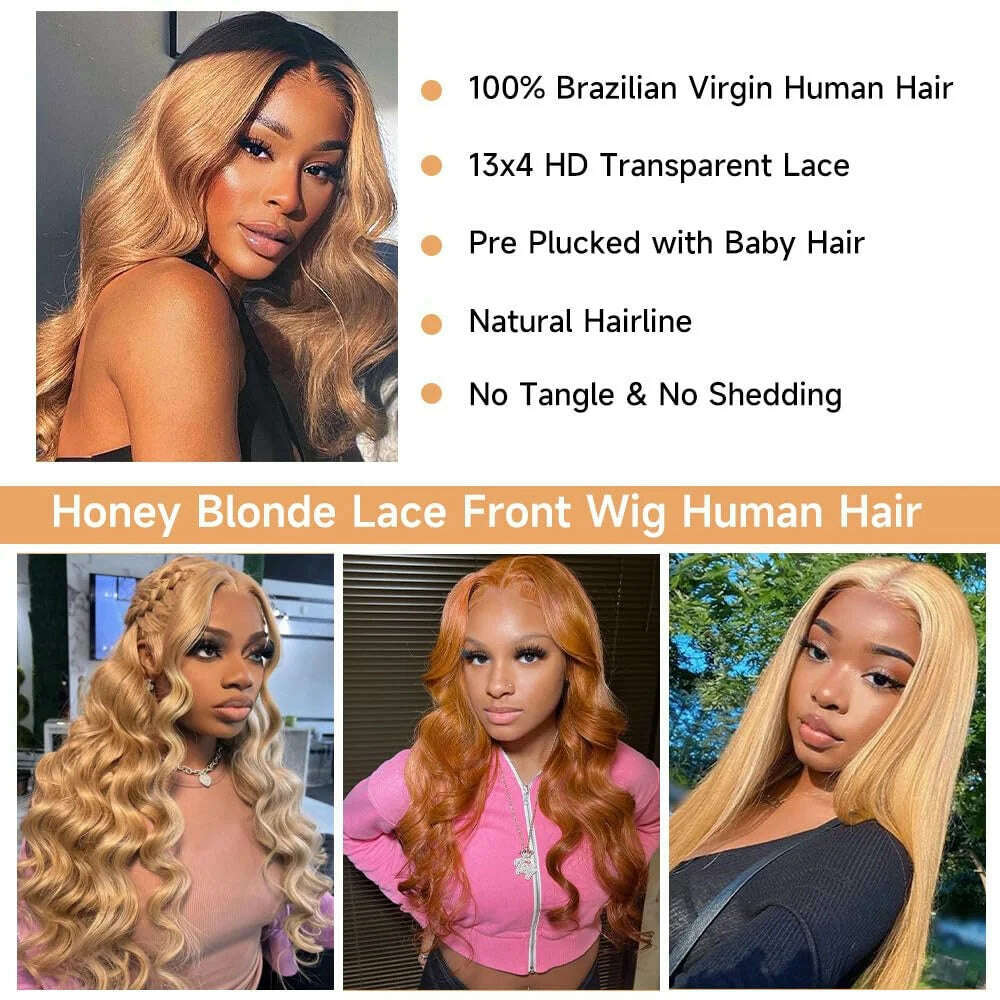 KIMLUD, Honey Blonde Lace Front Wig Human Hair 13x4 HD Lace Front 27# Colored Body Wave Blonde Lace Front Wigs Human Hair 180% Density, KIMLUD Womens Clothes