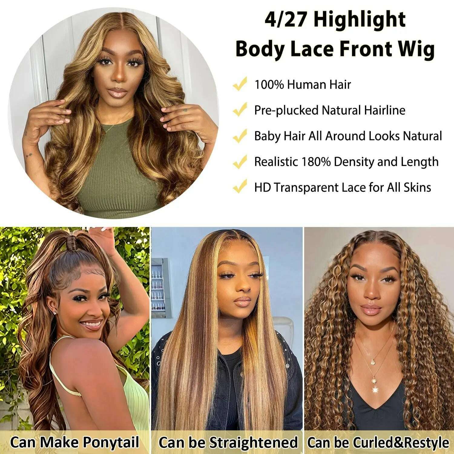KIMLUD, Honey Blonde Lace Front Wig Human Hair 13x4 HD Transparent 4/27 Highlight Ombre Lace Front Wig Human Hair Body Wave Wigs, KIMLUD Womens Clothes