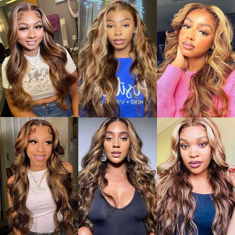 KIMLUD, Honey Blonde Lace Front Wig Human Hair 13x4 HD Transparent 4/27 Highlight Ombre Lace Front Wig Human Hair Body Wave Wigs, KIMLUD Women's Clothes