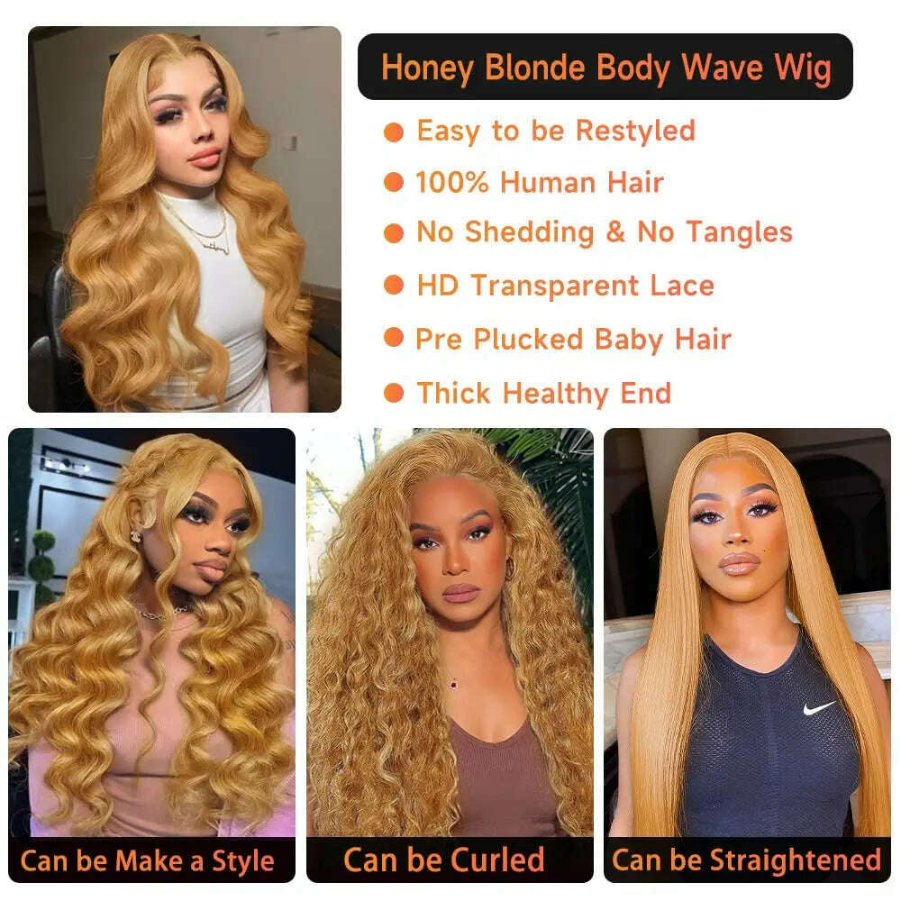 KIMLUD, Honey Blonde Lace Front Wig Human Hair Body Wave 13x4 HD Lace Frontal Human Hair Wigs Pre Plucked with Baby Hair 180% Density, KIMLUD Womens Clothes