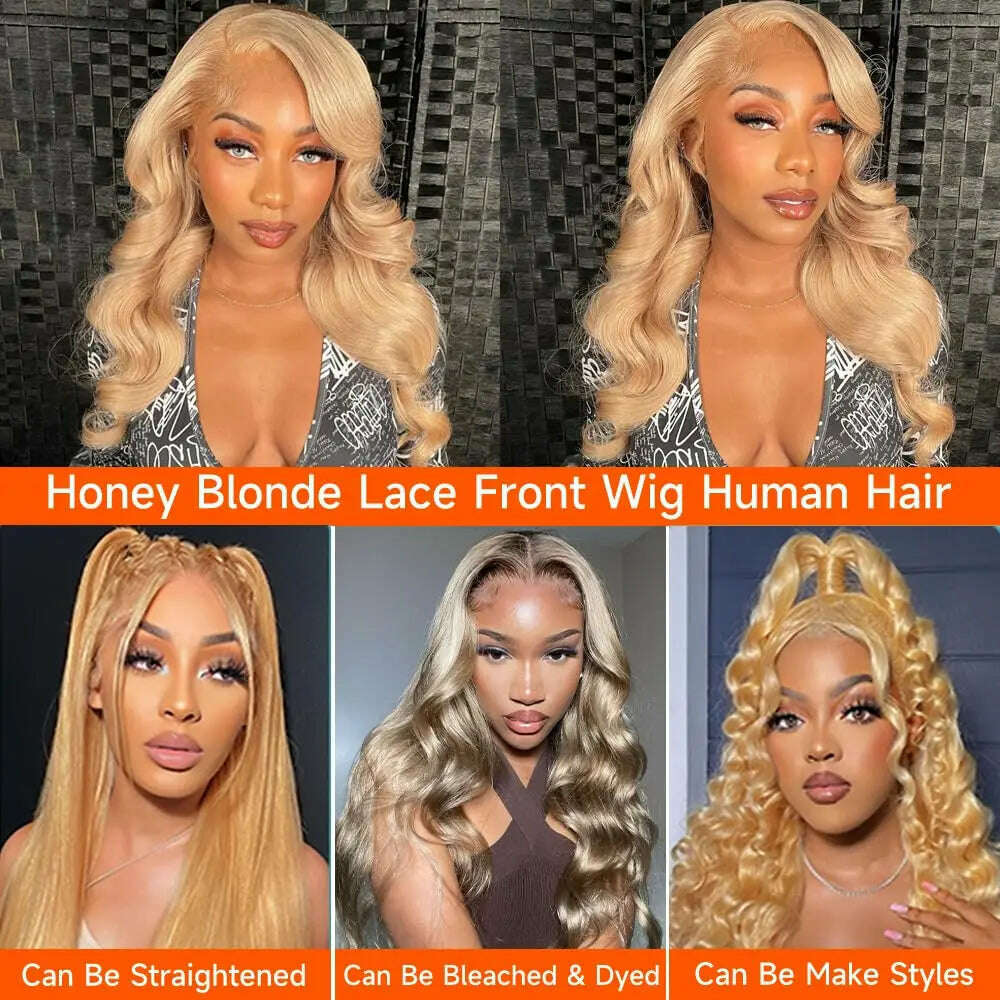 KIMLUD, Honeyblonde Human Hair Wig 13x4 HD Lace Front Wig 27# Colored Body Wave Blonde Lace Front Wigs Human Hair 180% Density, KIMLUD Womens Clothes