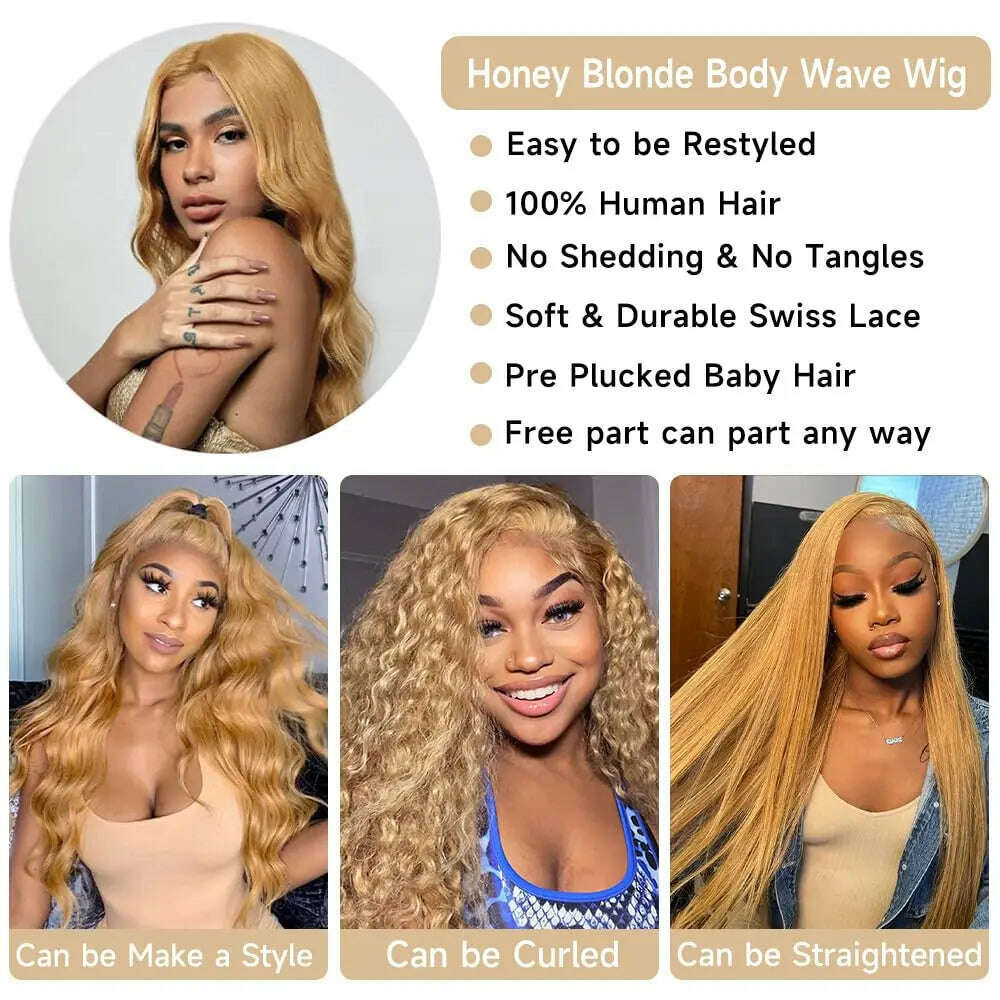 KIMLUD, Honeyblonde Human Hair Wig 13x4 HD Lace Front Wig 27# Colored Body Wave Blonde Lace Front Wigs Human Hair 180% Density, KIMLUD Womens Clothes