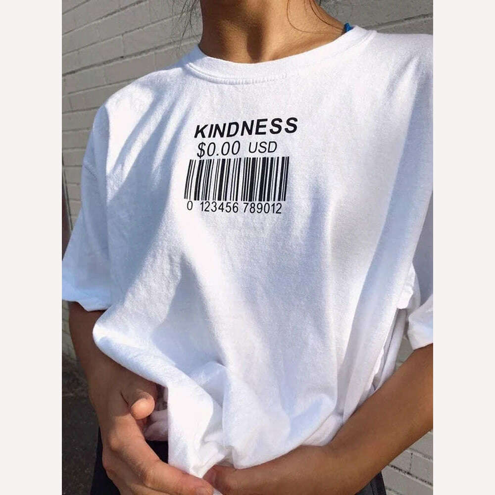 KIMLUD, Kindness Creative Bar Code Creativity Womens Short Sleeve Funny Casual Oversize Tops All-math Trend T-Shirts Woman Tee Clothing, White / M, KIMLUD Women's Clothes