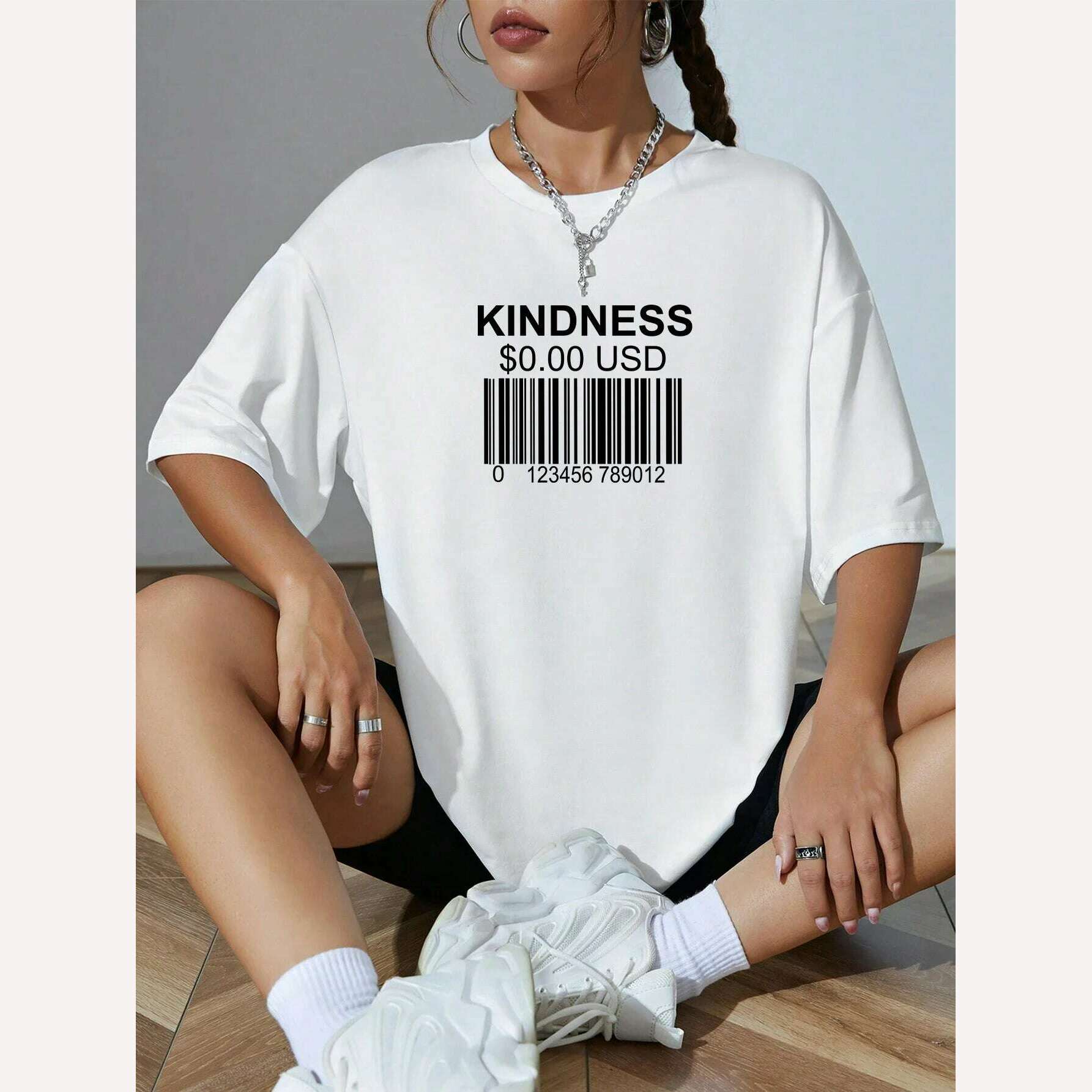 KIMLUD, Kindness Creative Bar Code Creativity Womens Short Sleeve Funny Casual Oversize Tops All-math Trend T-Shirts Woman Tee Clothing, KIMLUD Womens Clothes