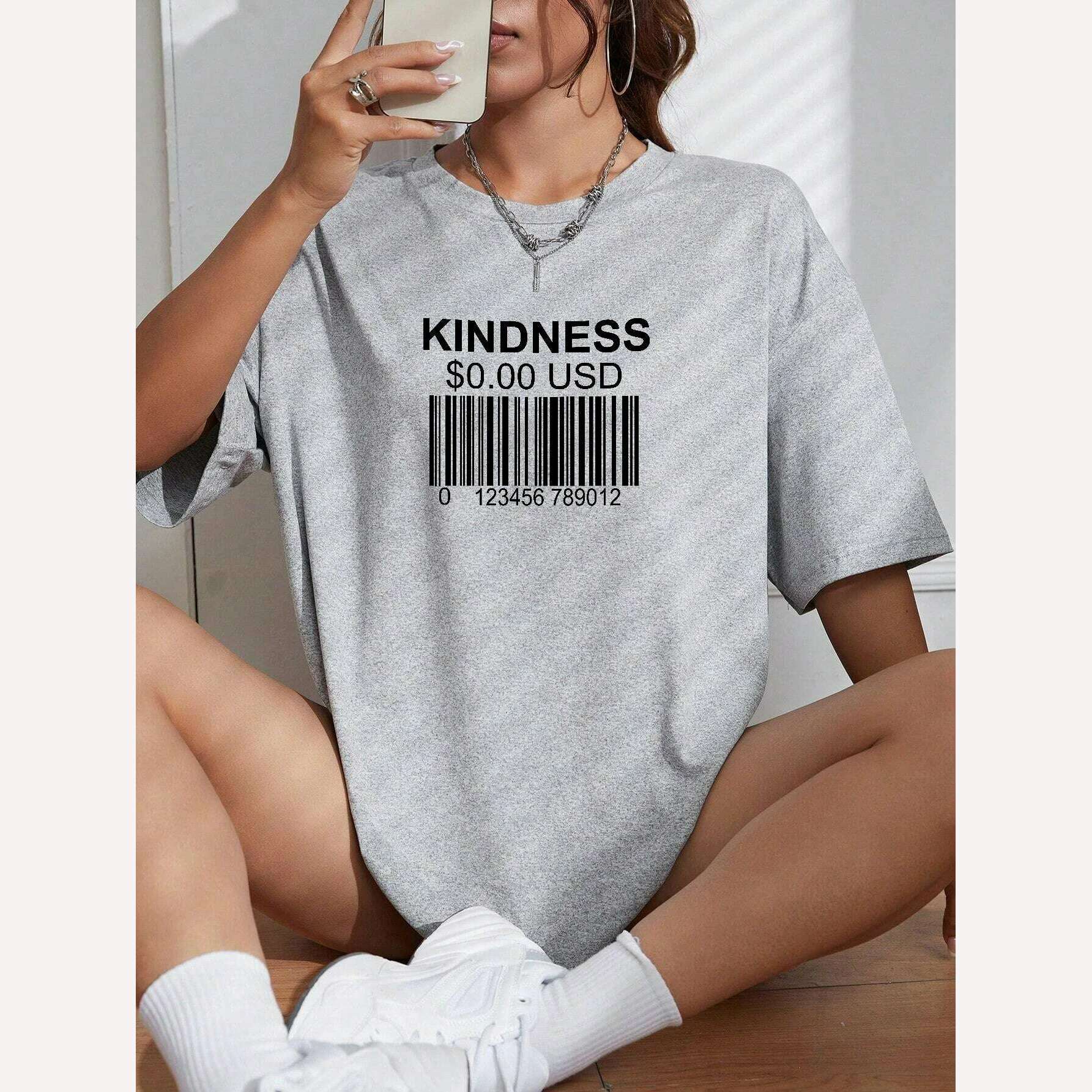KIMLUD, Kindness Creative Bar Code Creativity Womens Short Sleeve Funny Casual Oversize Tops All-math Trend T-Shirts Woman Tee Clothing, KIMLUD Womens Clothes