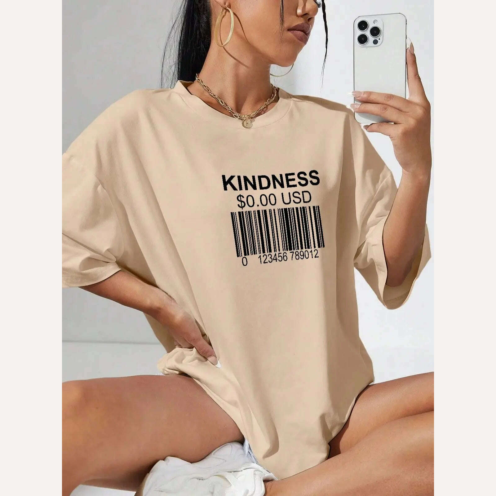 KIMLUD, Kindness Creative Bar Code Creativity Womens Short Sleeve Funny Casual Oversize Tops All-math Trend T-Shirts Woman Tee Clothing, Khaki / XL, KIMLUD Women's Clothes