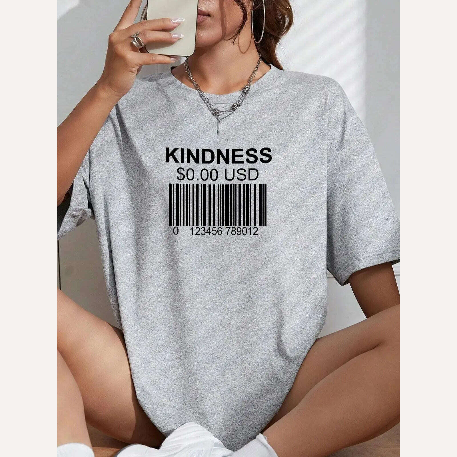 KIMLUD, Kindness Creative Bar Code Creativity Womens Short Sleeve Funny Casual Oversize Tops All-math Trend T-Shirts Woman Tee Clothing, GRAY / M, KIMLUD Women's Clothes