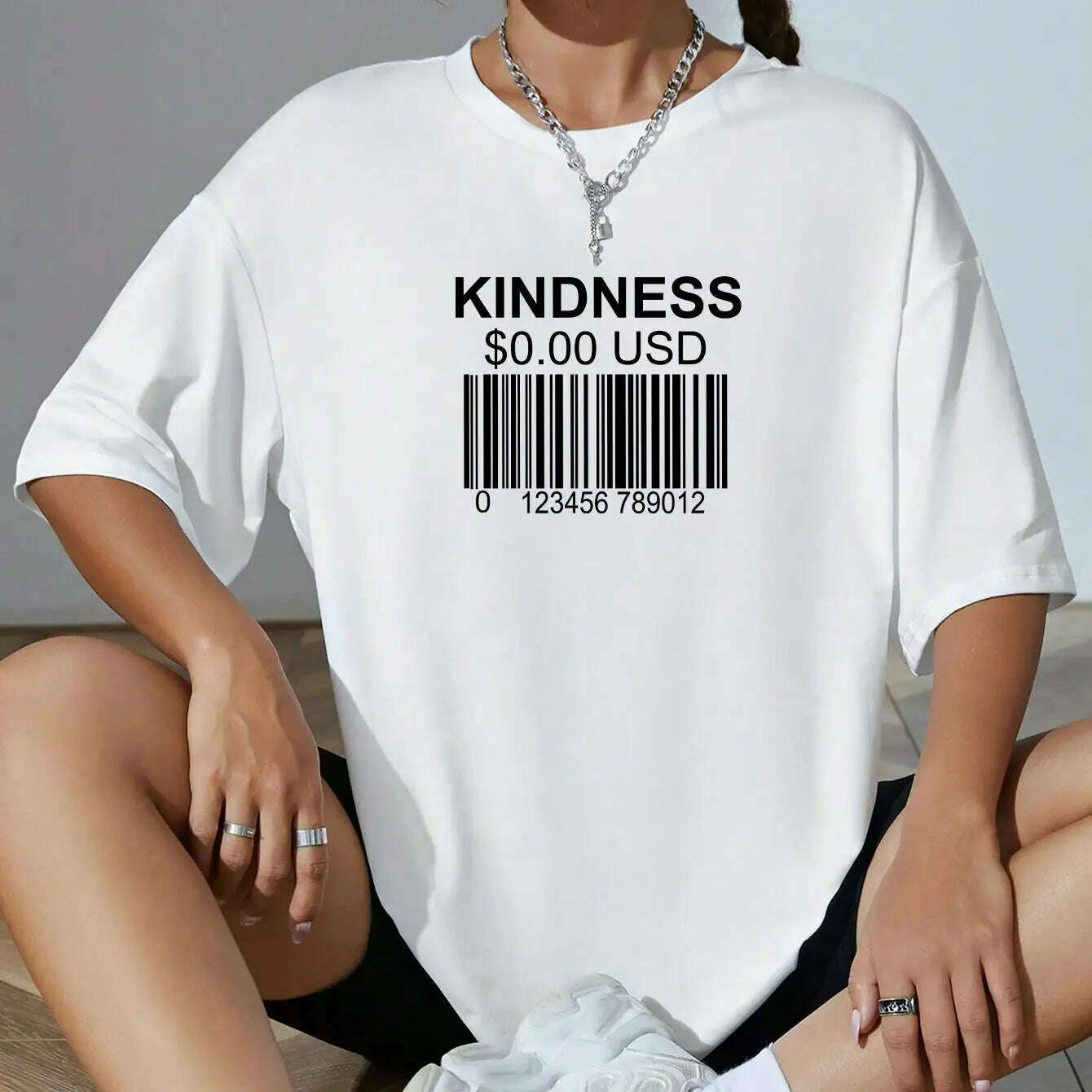 KIMLUD, Kindness Creative Bar Code Creativity Womens Short Sleeve Funny Casual Oversize Tops All-math Trend T-Shirts Woman Tee Clothing, KIMLUD Womens Clothes