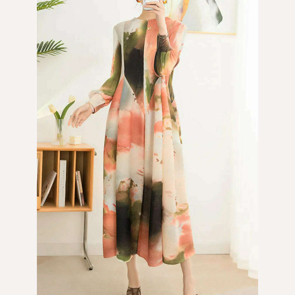 KIMLUD, LANMREM Contrast Color Print Pleated Dress For Women A-line Fashion Lantern Sleeves Long Dresses Evening Party 2024 New 32C742, KIMLUD Women's Clothes