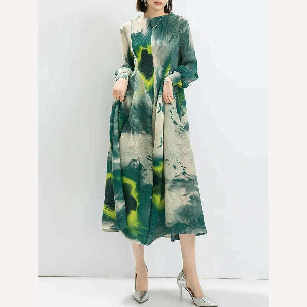 KIMLUD, LANMREM Contrast Color Print Pleated Dress For Women A-line Fashion Lantern Sleeves Long Dresses Evening Party 2024 New 32C742, Green / One Size, KIMLUD Womens Clothes