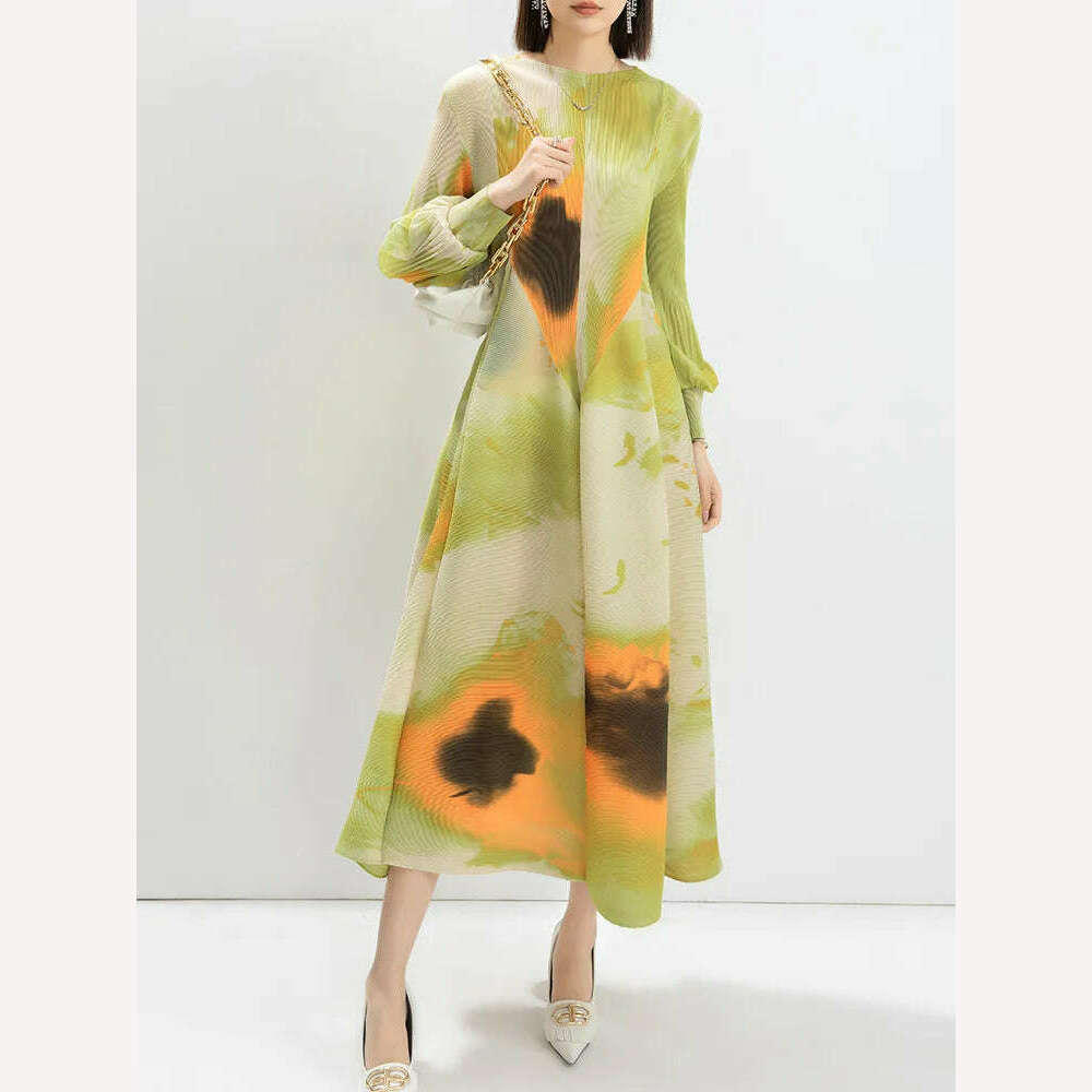 KIMLUD, LANMREM Contrast Color Print Pleated Dress For Women A-line Fashion Lantern Sleeves Long Dresses Evening Party 2024 New 32C742, Light Green / One Size, KIMLUD Womens Clothes