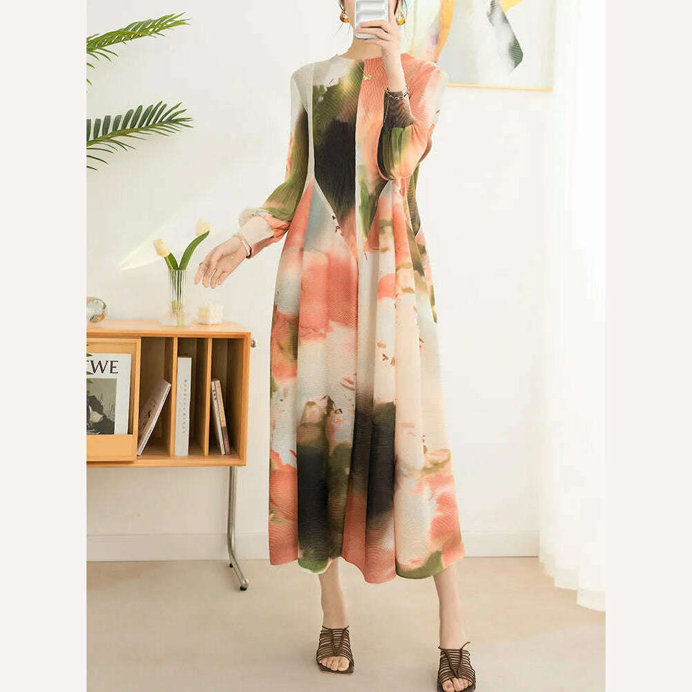 KIMLUD, LANMREM Contrast Color Print Pleated Dress For Women A-line Fashion Lantern Sleeves Long Dresses Evening Party 2024 New 32C742, Pink / One Size, KIMLUD Womens Clothes