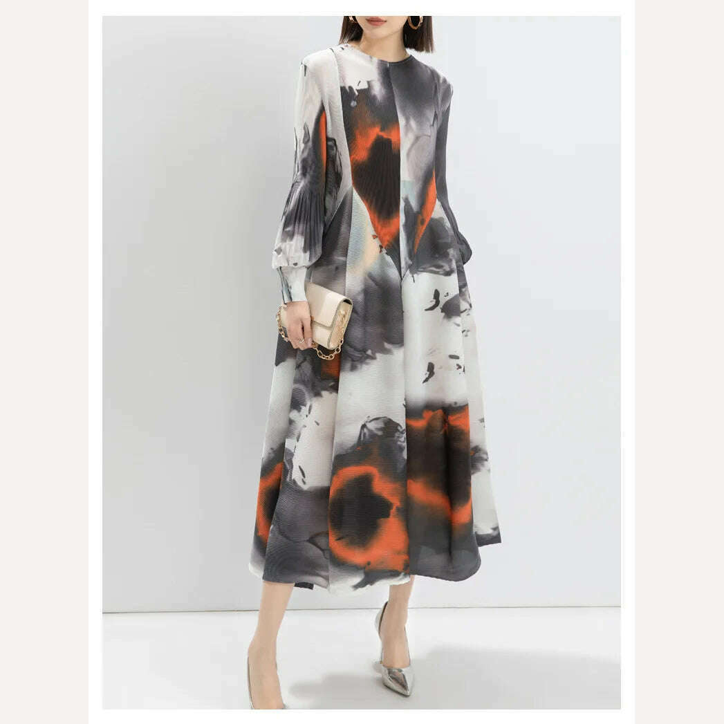 KIMLUD, LANMREM Contrast Color Print Pleated Dress For Women A-line Fashion Lantern Sleeves Long Dresses Evening Party 2024 New 32C742, KIMLUD Womens Clothes