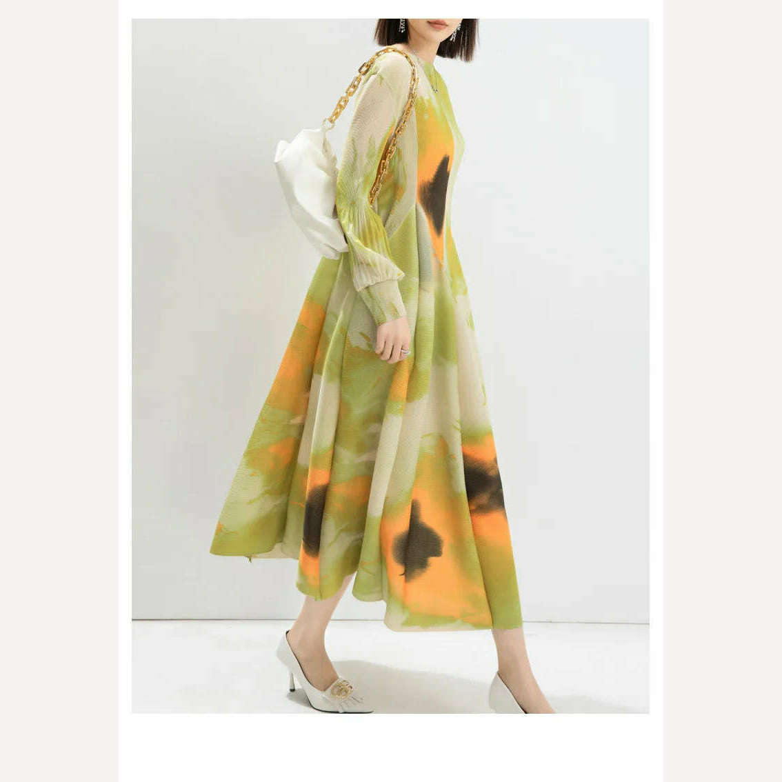 KIMLUD, LANMREM Contrast Color Print Pleated Dress For Women A-line Fashion Lantern Sleeves Long Dresses Evening Party 2024 New 32C742, KIMLUD Womens Clothes