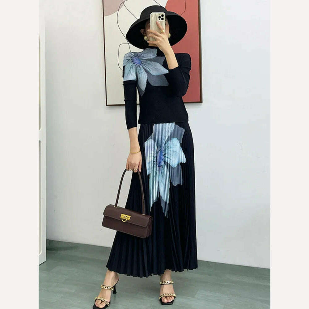 KIMLUD, LANMREM Elegant Fashion Printed Pleated 2 Pieces Set For Women Turtleneck Slim Tops With High Waist Mid Length Skirts 2Q1248, Black 90cm Set / One Size, KIMLUD APPAREL - Womens Clothes