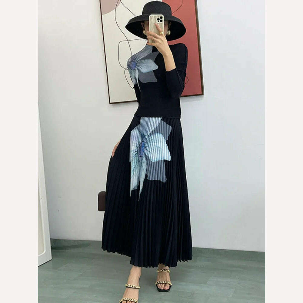 KIMLUD, LANMREM Elegant Fashion Printed Pleated 2 Pieces Set For Women Turtleneck Slim Tops With High Waist Mid Length Skirts 2Q1248, Black 78cm Set / One Size, KIMLUD Womens Clothes