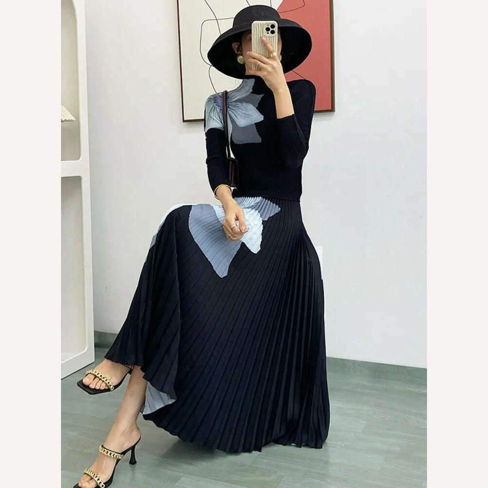 KIMLUD, LANMREM Elegant Fashion Printed Pleated 2 Pieces Set For Women Turtleneck Slim Tops With High Waist Mid Length Skirts 2Q1248, KIMLUD Womens Clothes