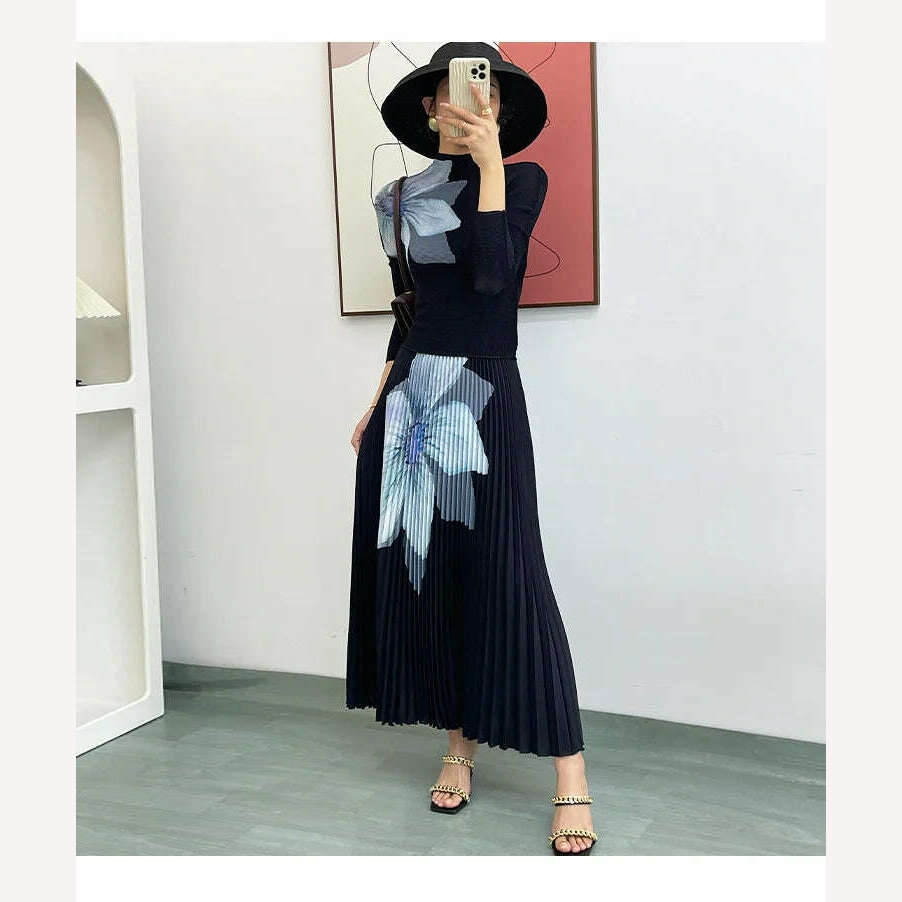 KIMLUD, LANMREM Elegant Fashion Printed Pleated 2 Pieces Set For Women Turtleneck Slim Tops With High Waist Mid Length Skirts 2Q1248, KIMLUD Women's Clothes