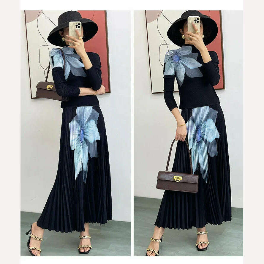 KIMLUD, LANMREM Elegant Fashion Printed Pleated 2 Pieces Set For Women Turtleneck Slim Tops With High Waist Mid Length Skirts 2Q1248, KIMLUD Womens Clothes